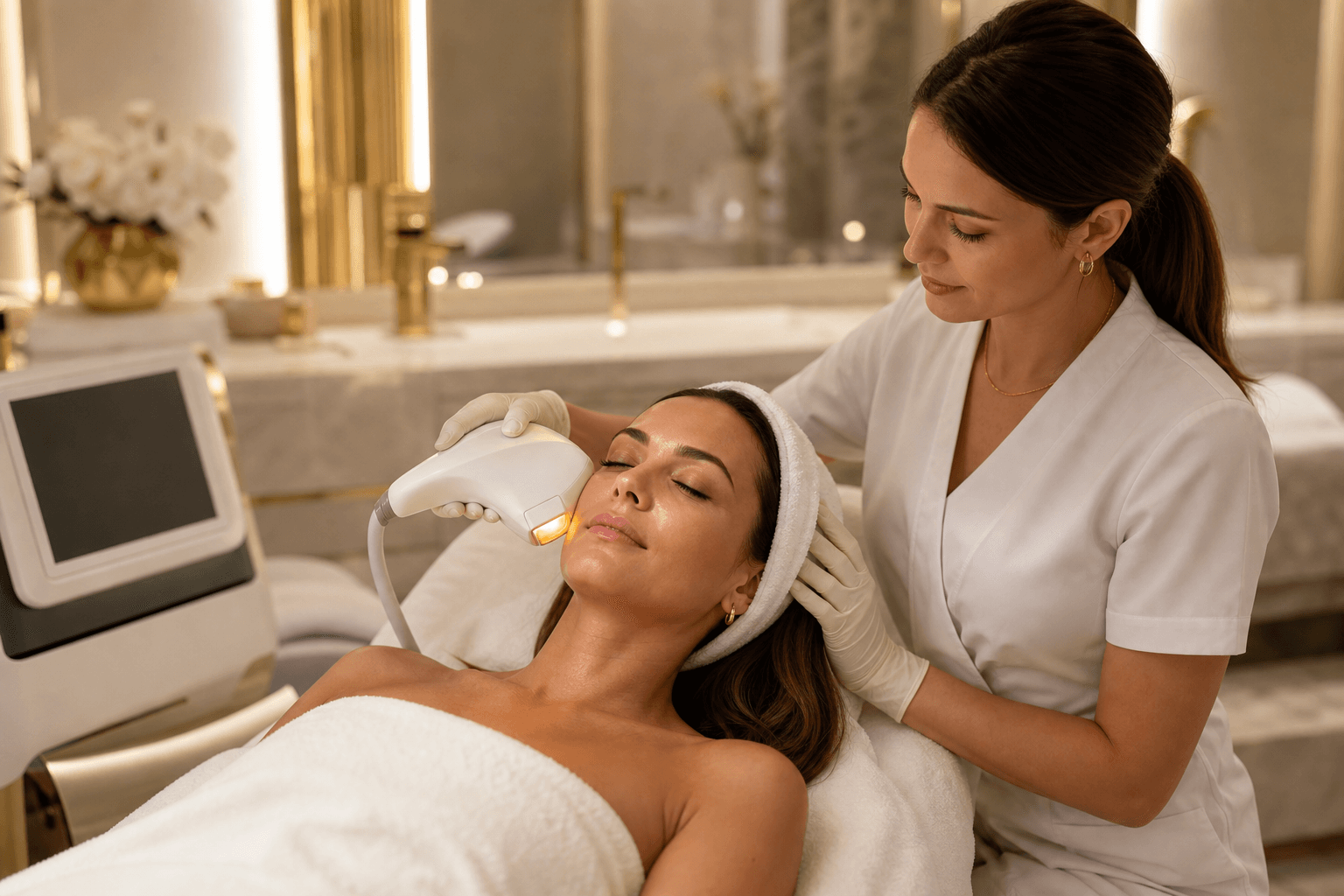 Relaxed client receiving a professional laser facial treatment at The Glow Sanctuary in Solihull and Birmingham